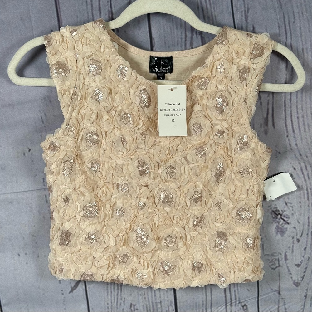 PINK & VIOLET Girls Appliqué Top Champagne Size 12